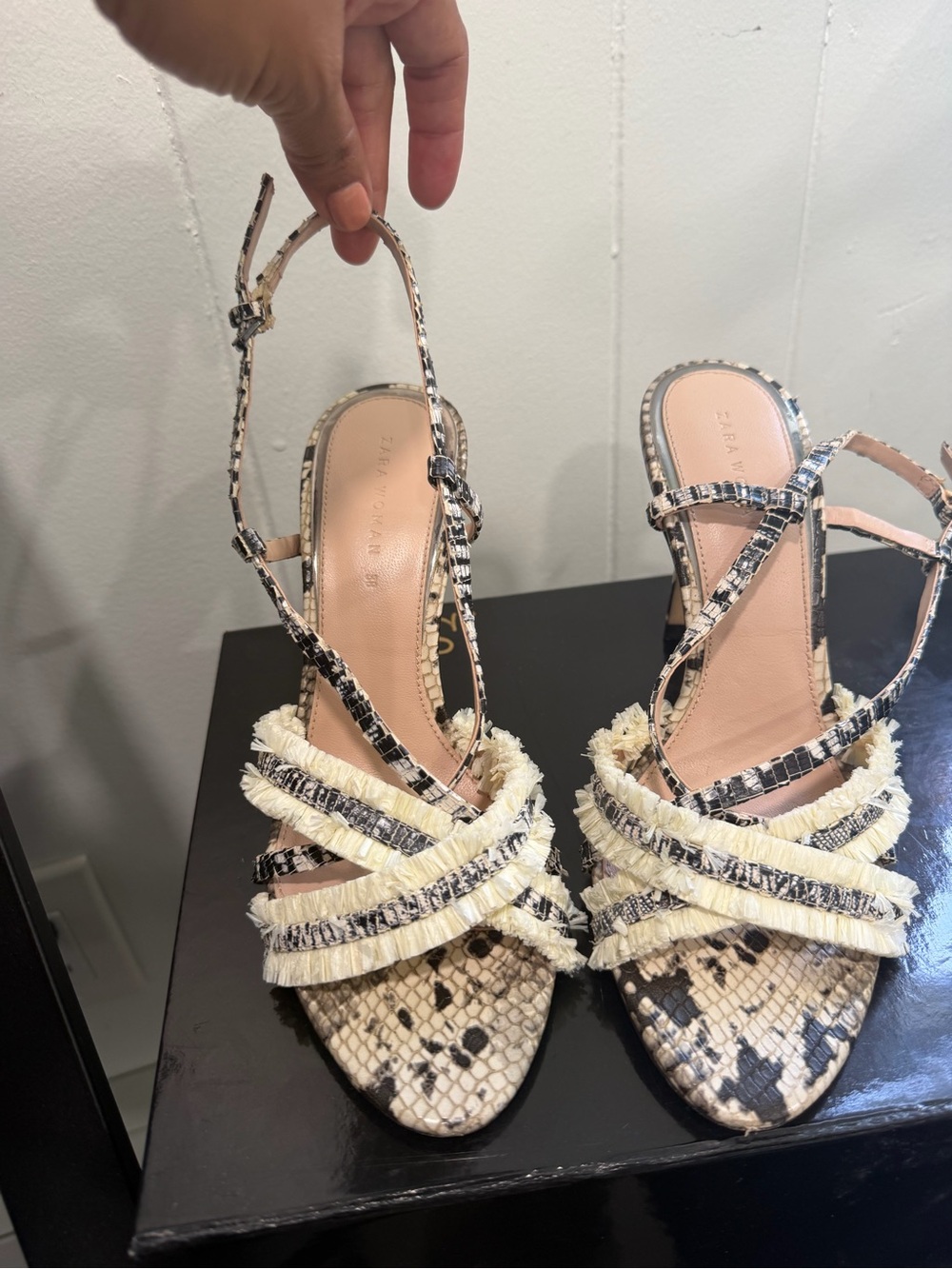 Zara Cream Black Snakeskin Fringe Strappy Heels